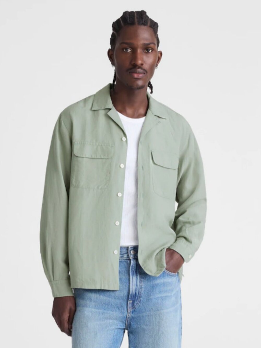 Men's Light Green Linen Blend Long-Sleeve Shirt – Size Large | NW